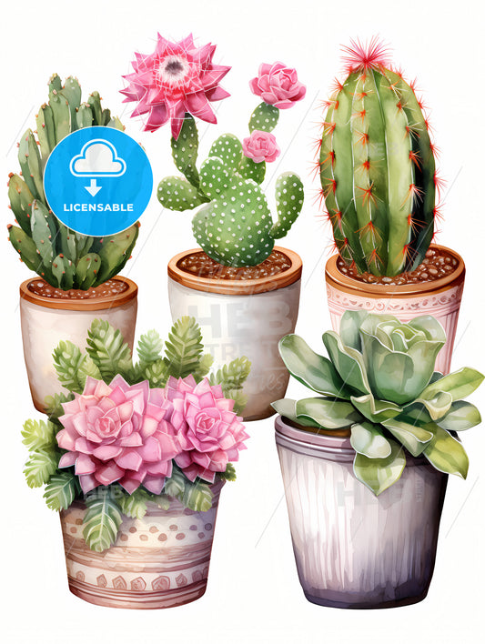 A Group Of Cactus In Pots