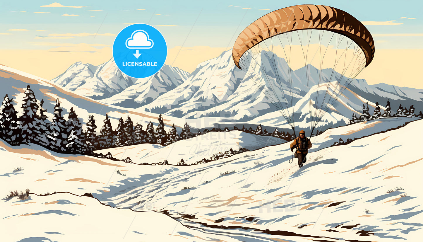 A Man With A Parachute In The Snow