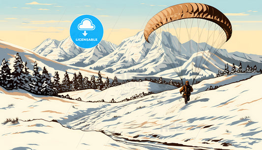 A Man With A Parachute In The Snow