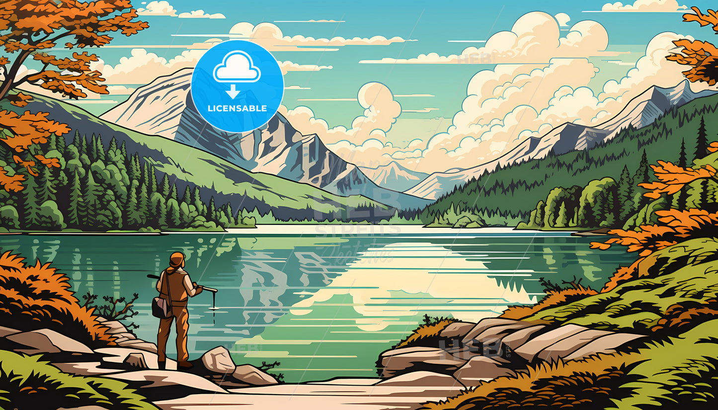 A Man Standing On A Rock Next To A Lake