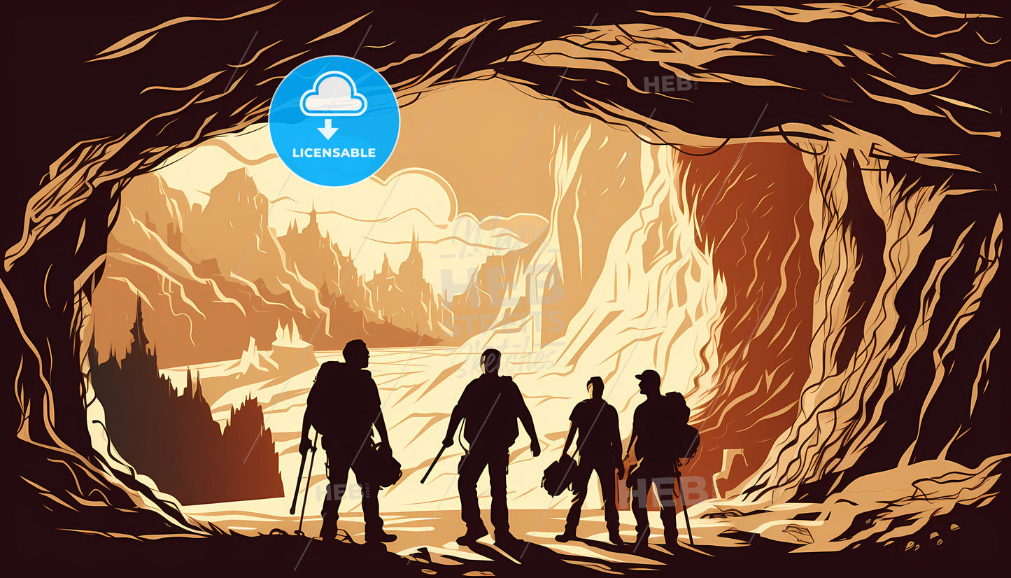 A Group Of People Standing In A Cave