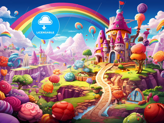 A Cartoon Castle With A Rainbow