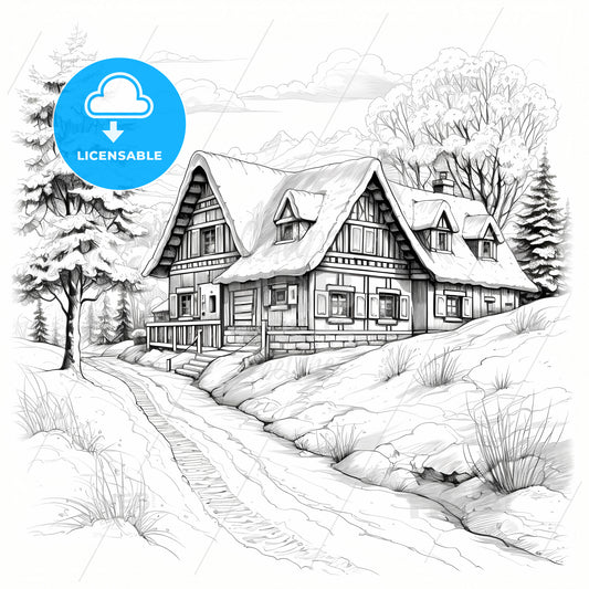 A Drawing Of A House In The Snow
