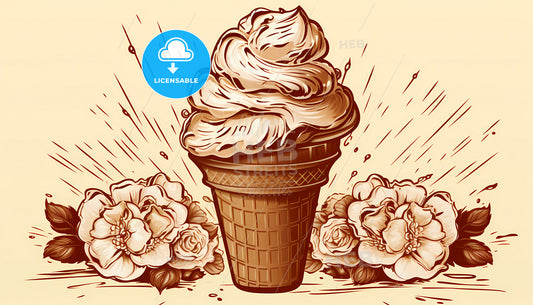 A Drawing Of An Ice Cream Cone With Flowers