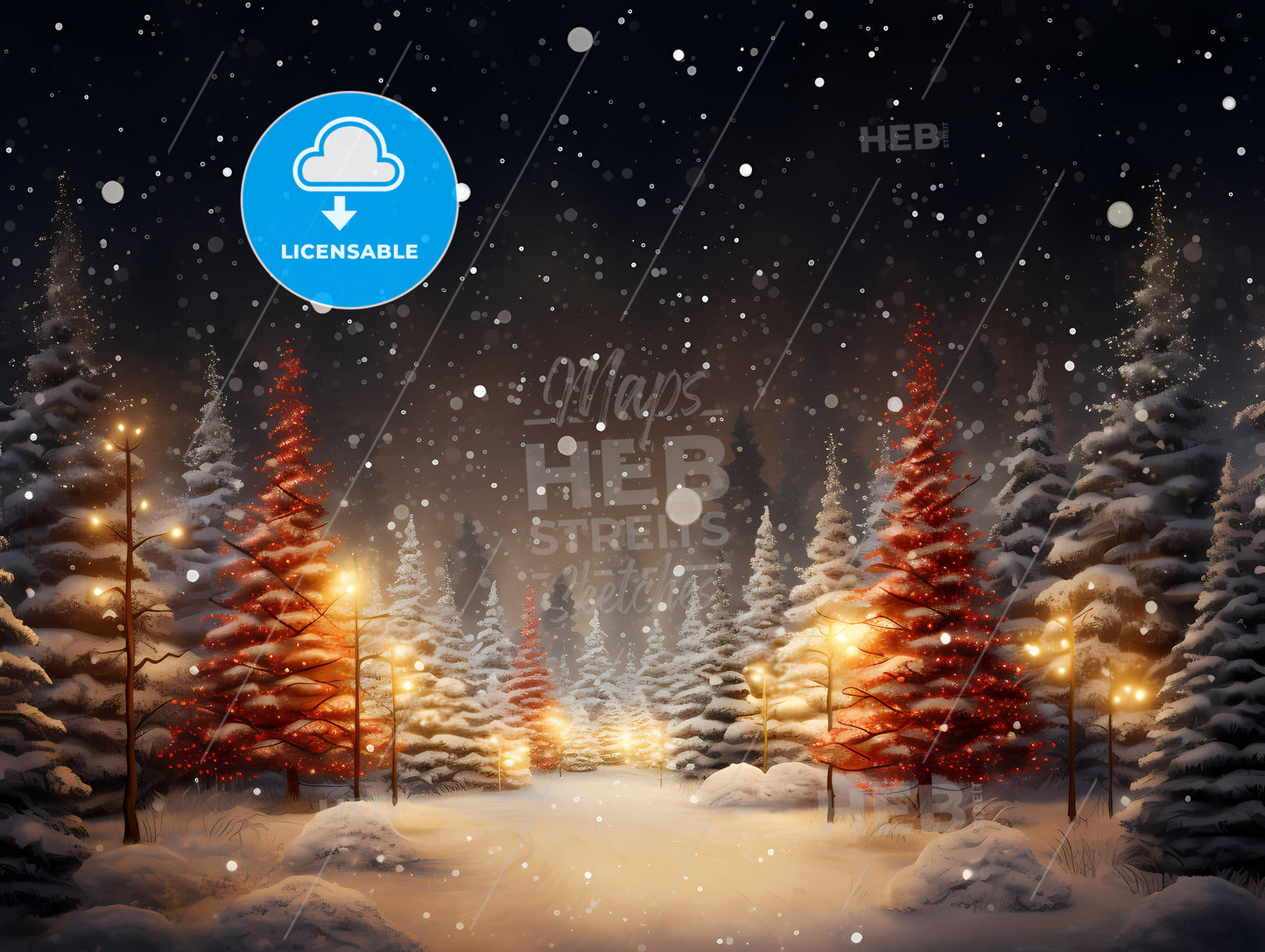 A Snowy Forest With Trees And Lights