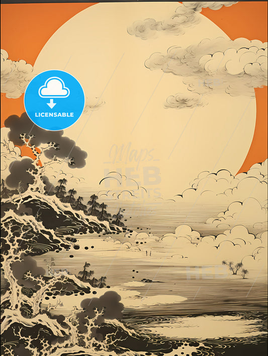 A Painting Of A Landscape With Clouds And Trees
