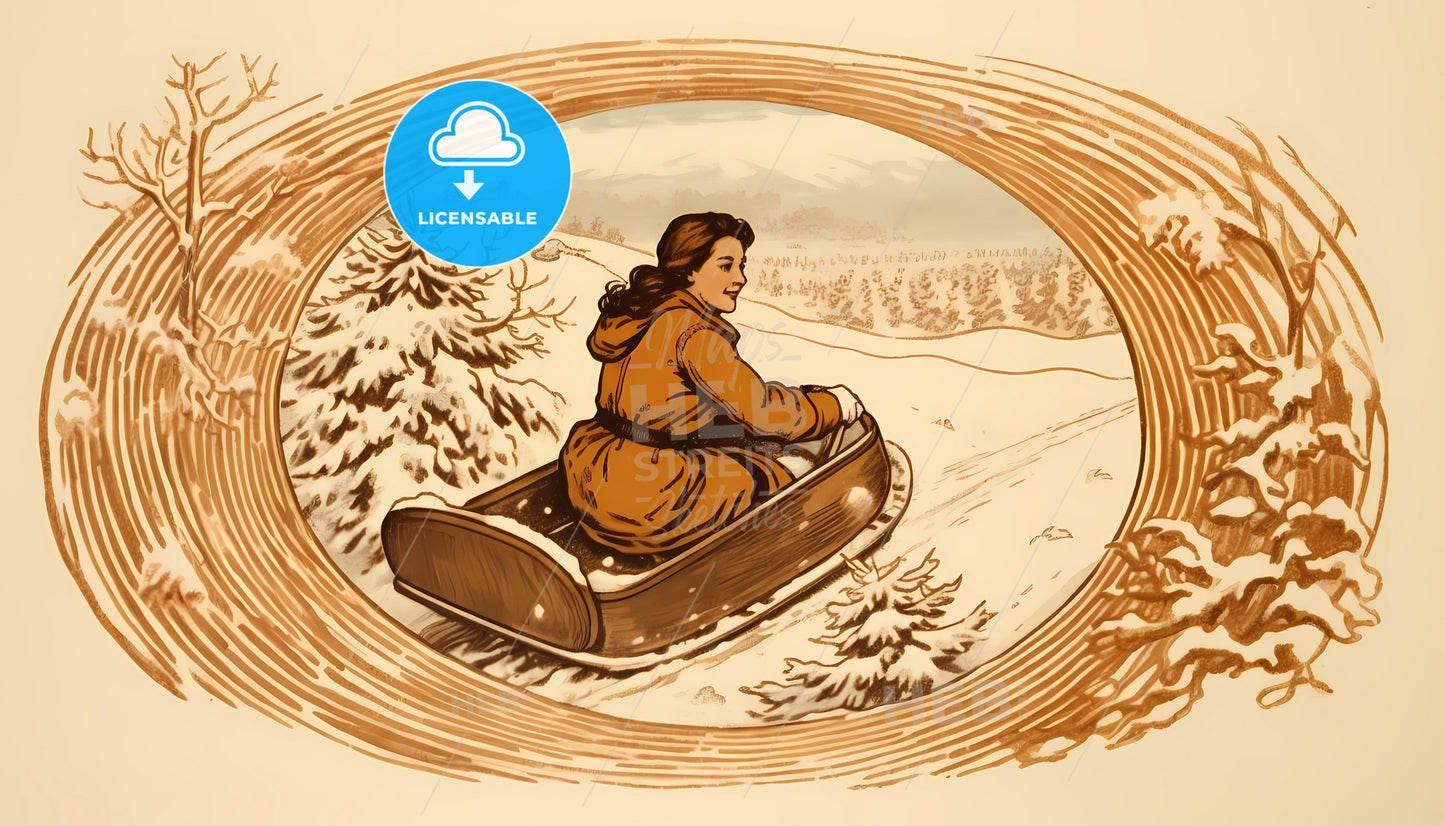A Woman Riding A Sled Down A Snowy Hill