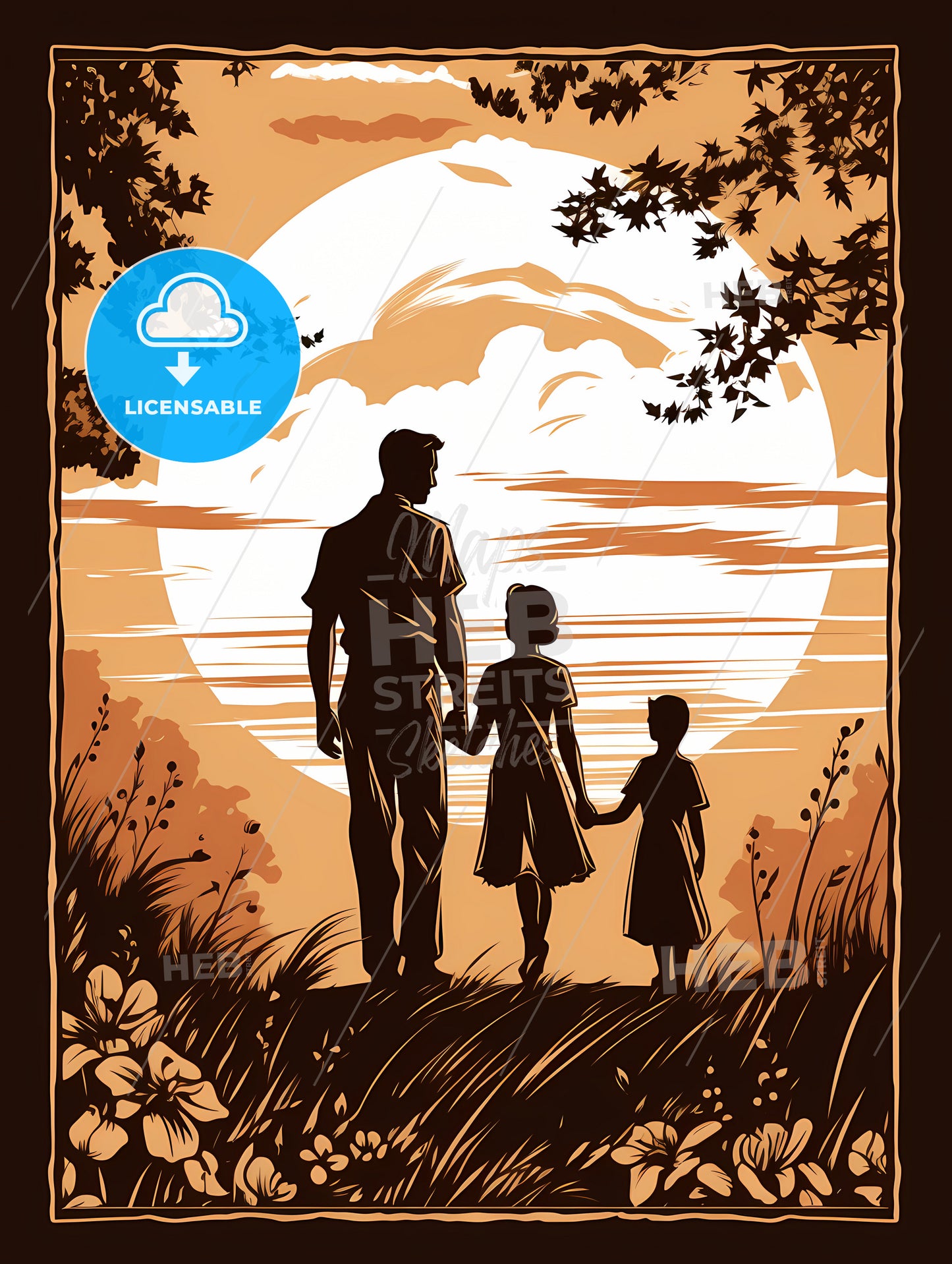 A Man And Two Children Walking In A Field