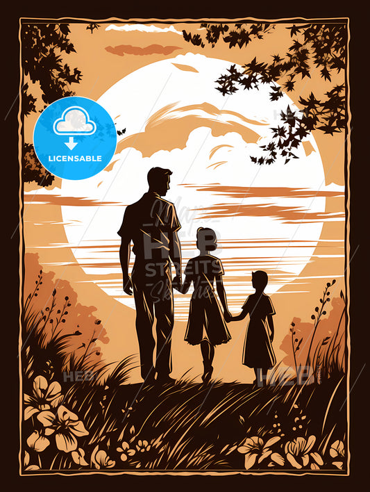 A Man And Two Children Walking In A Field