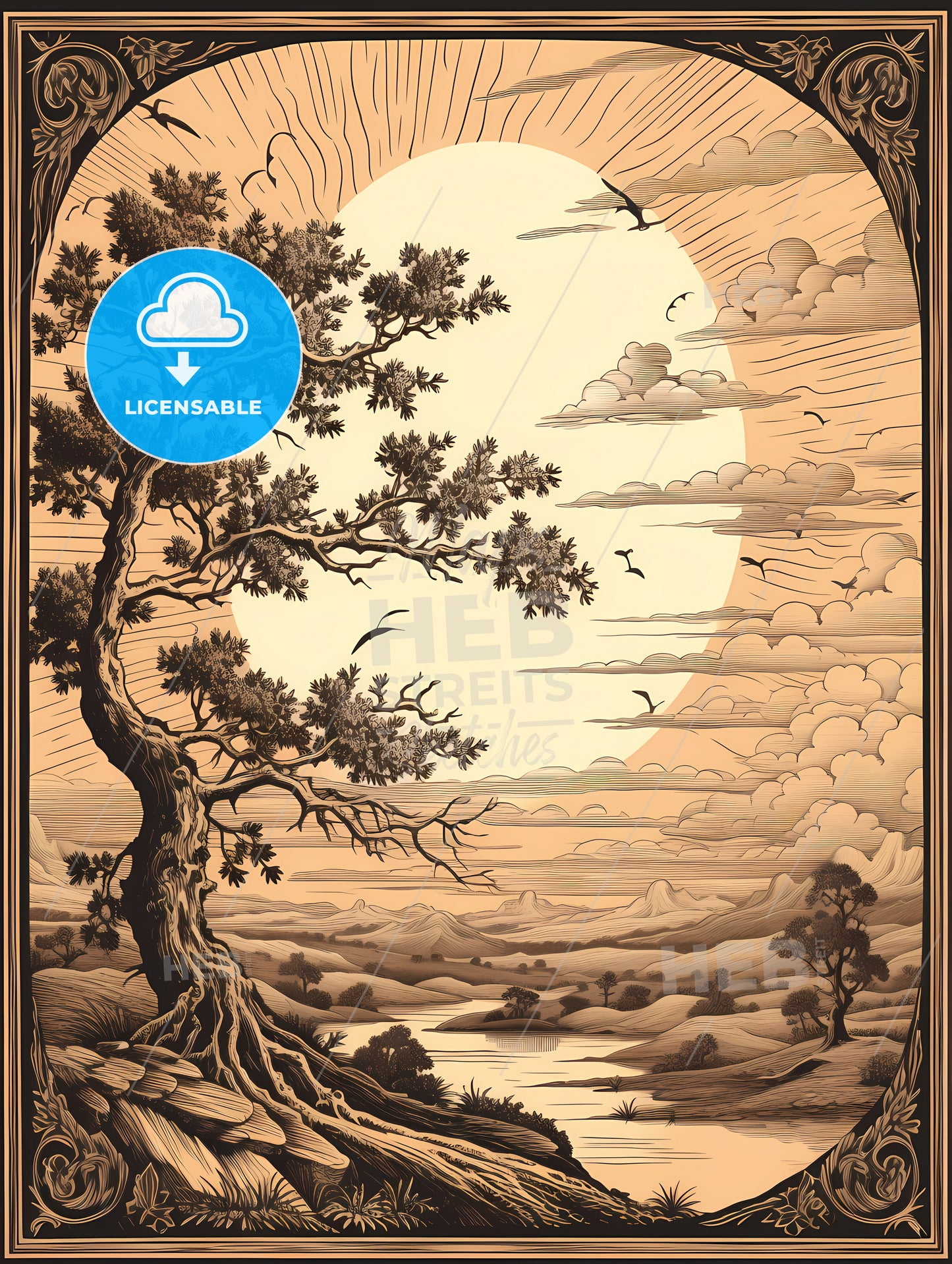 A Tree With A Large Sun And Clouds