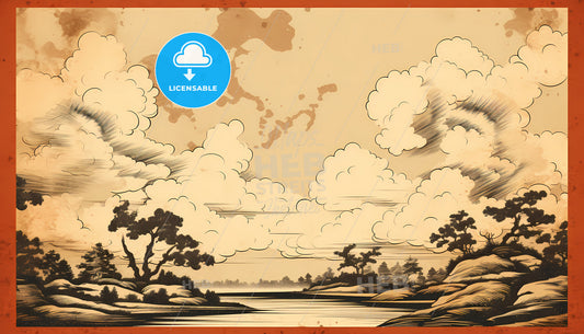 A Drawing Of A Landscape With Clouds And Trees