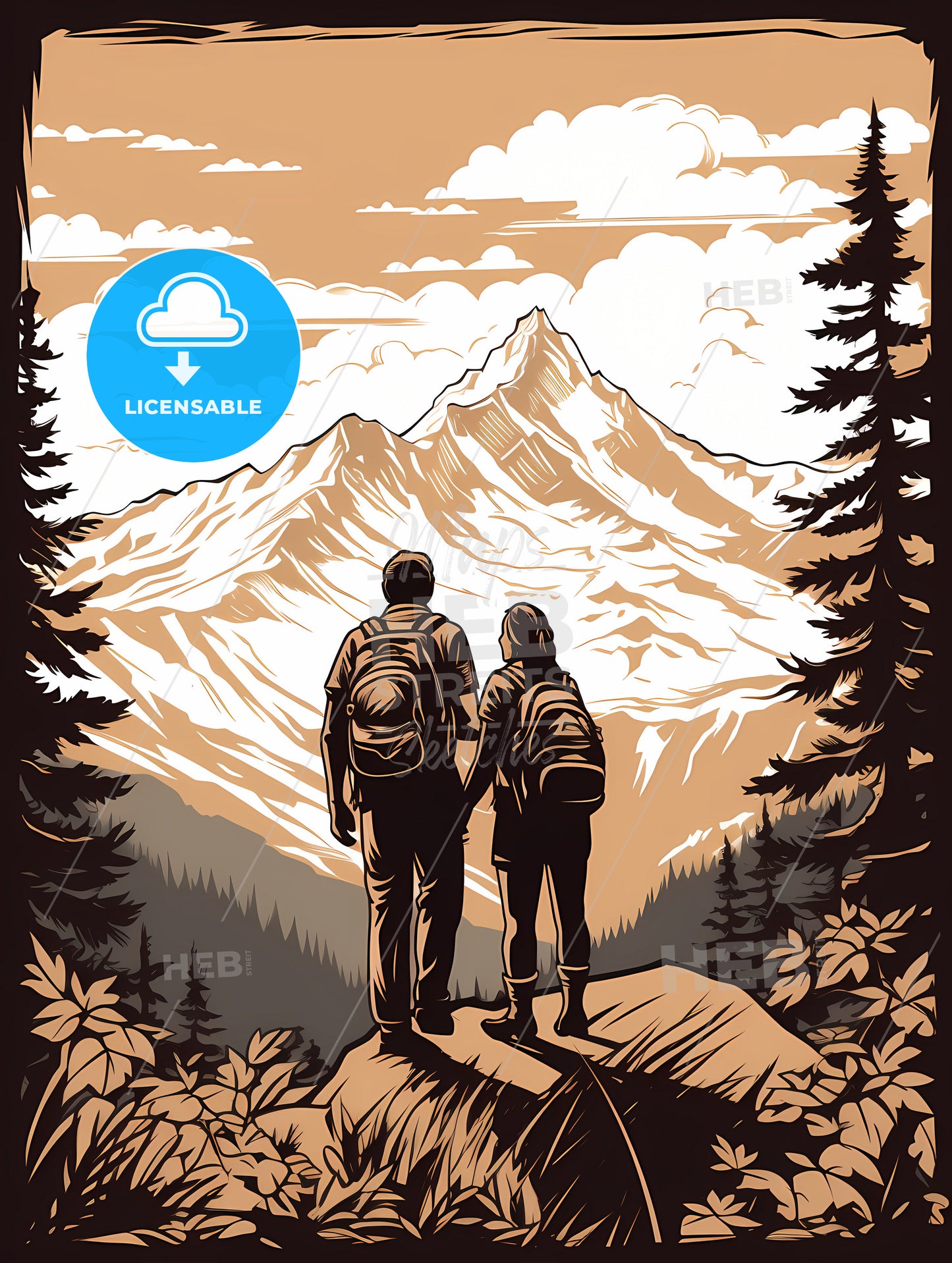 A Man And Woman Standing On A Rock Looking At A Mountain Range