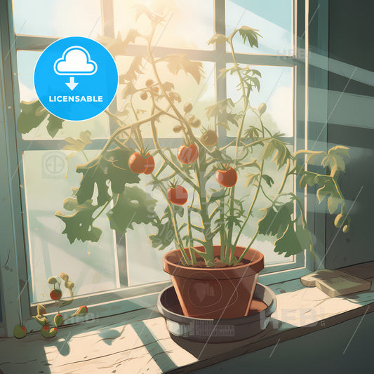 A Tomato Plant In A Pot By A Window