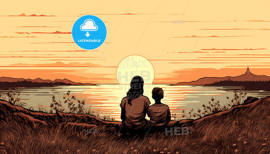 A Woman And A Boy Sitting On A Hill Looking At The Sunset