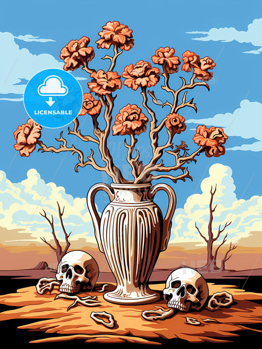 A Vase With Flowers And Skulls