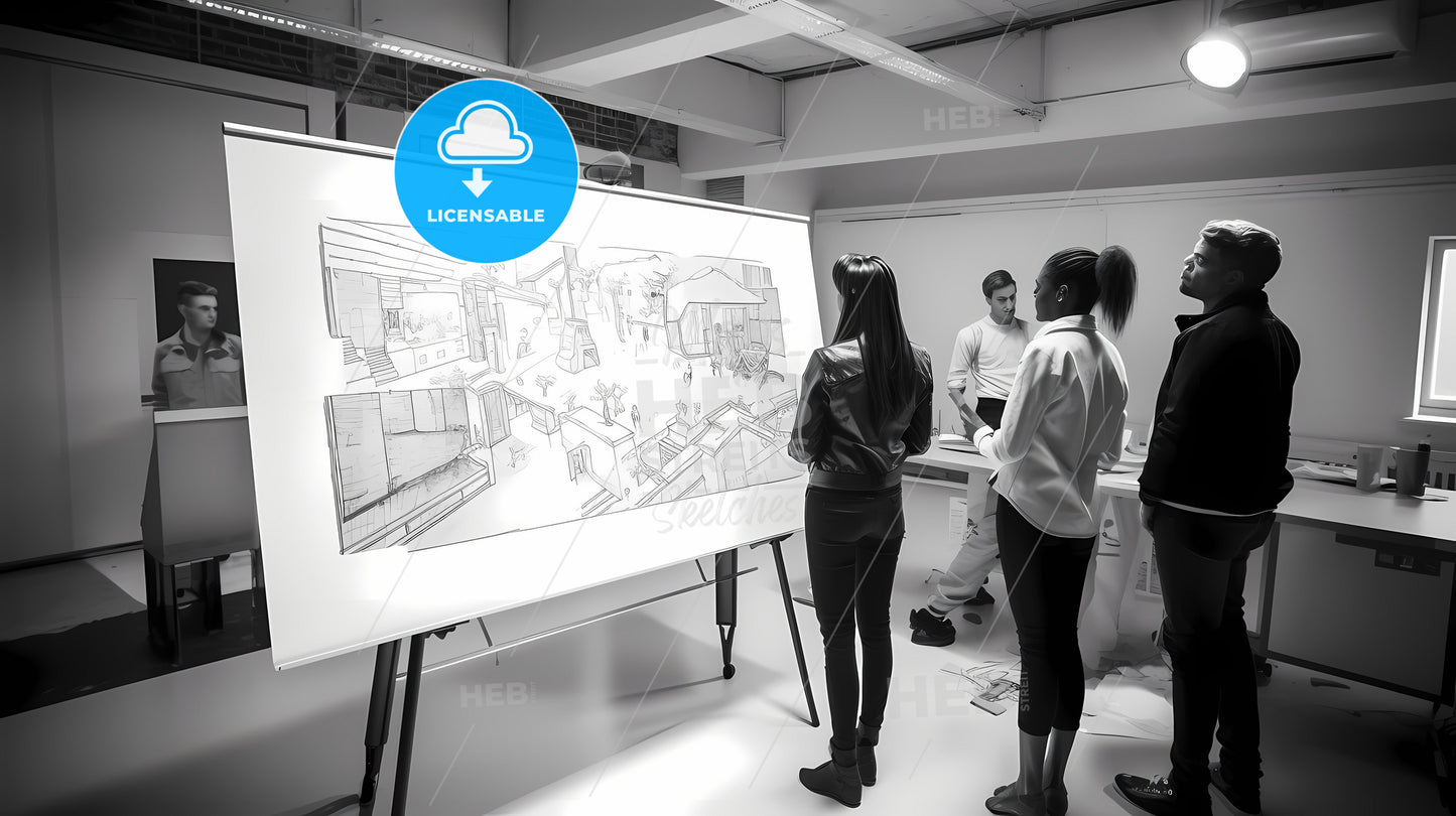 A Group Of People Looking At A Drawing On A White Board