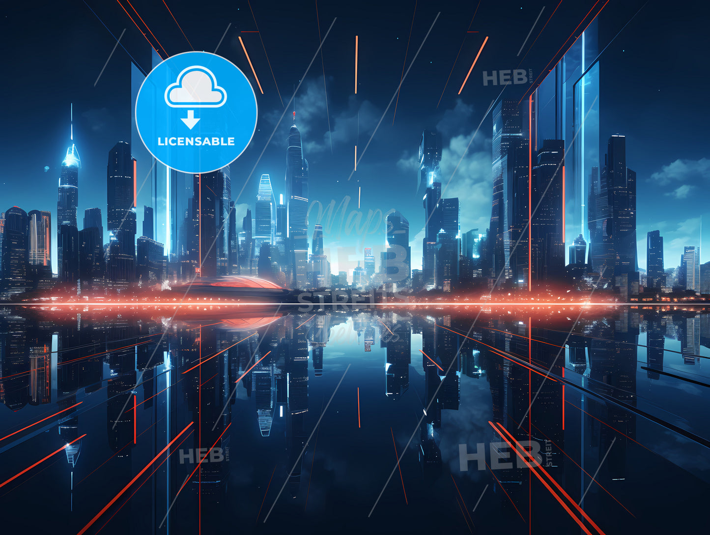 A City Skyline With Red Lights And Reflection Of Water