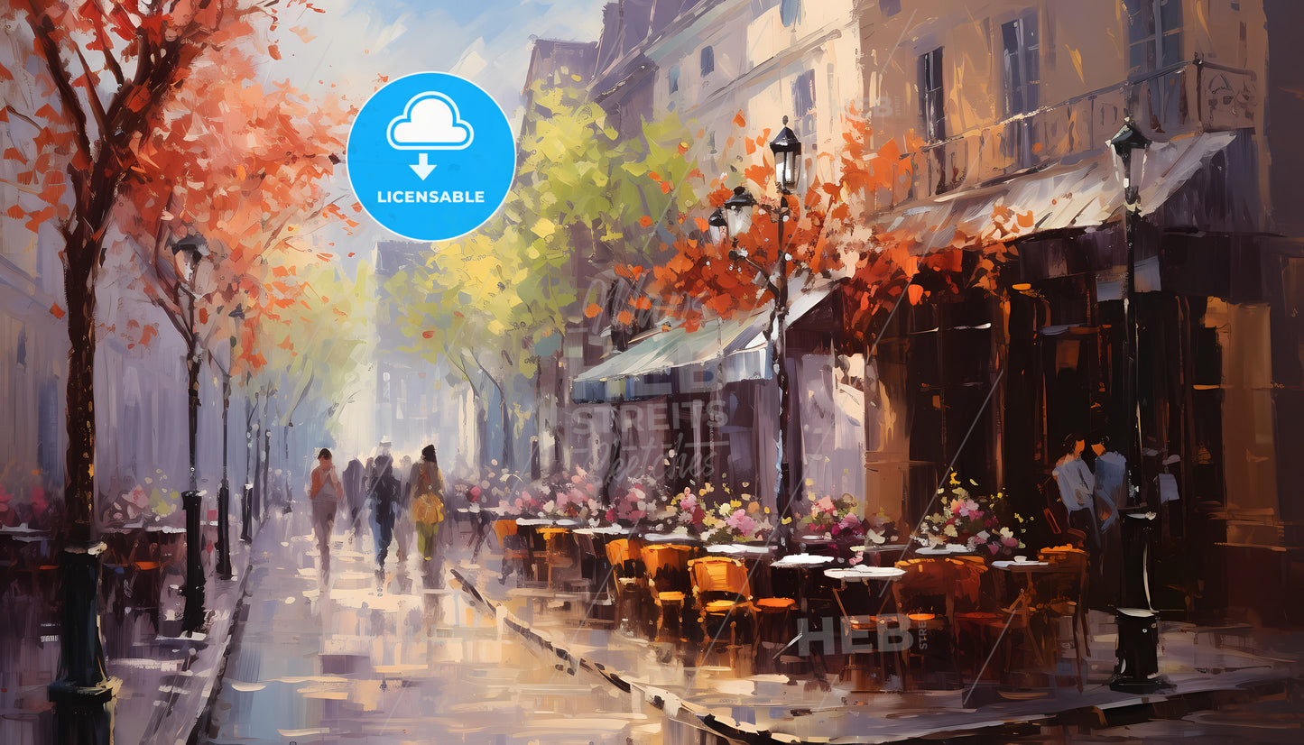 A Painting Of A Street With Tables And Chairs