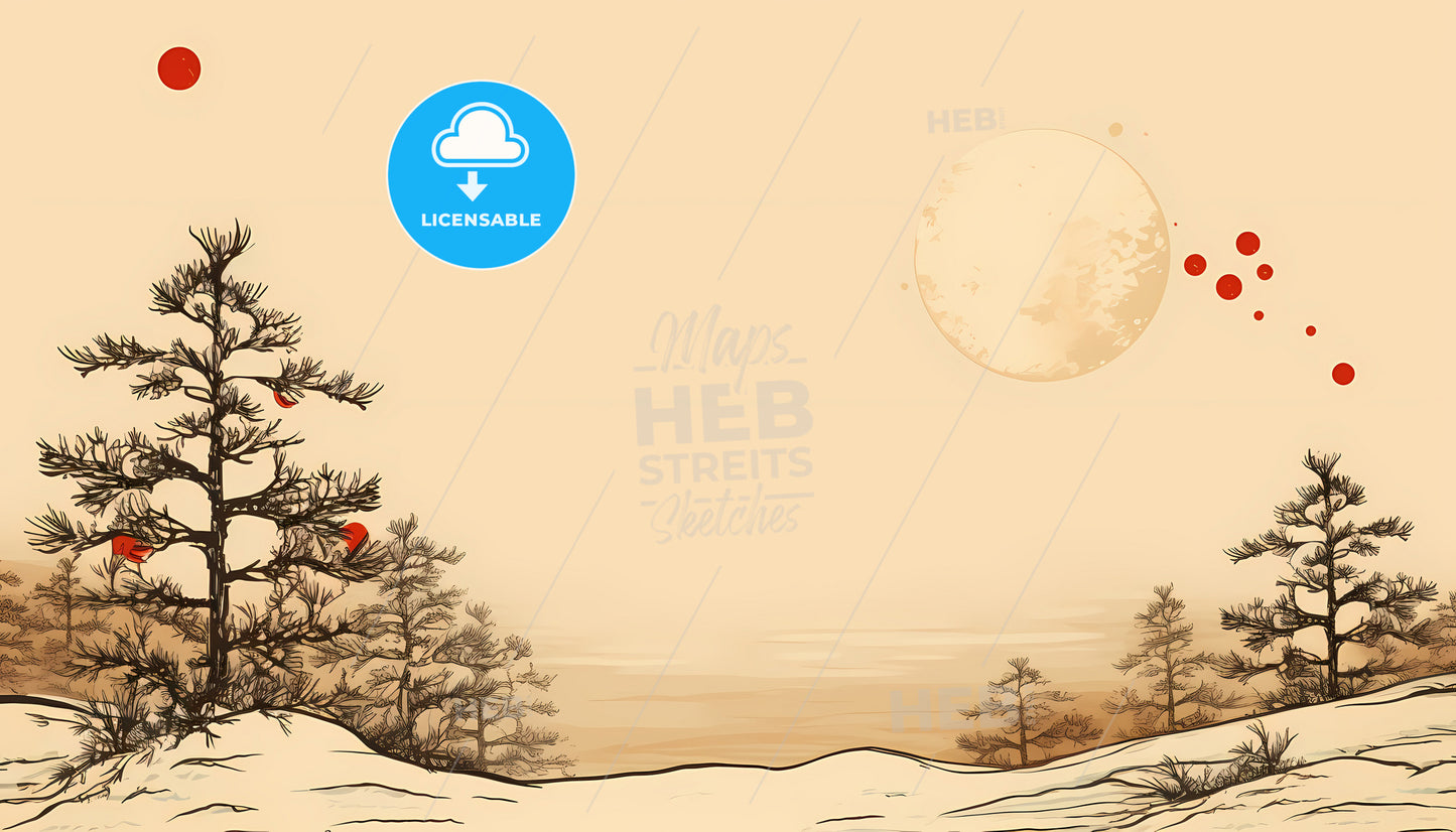 A Snow Covered Landscape With Trees And A Full Moon