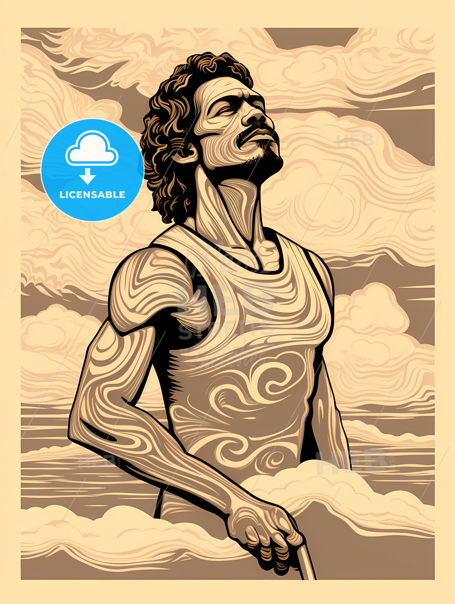 A Man With Curly Hair And A Tattoo On His Shirt