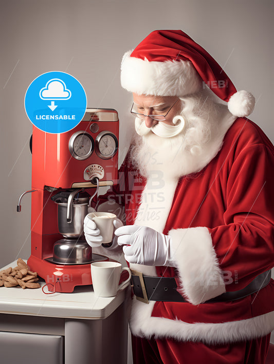 A Man In Santa Garment Pouring Coffee Into A Coffee Machine