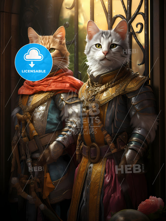 Two Cats In Armor Standing In Front Of A Window
