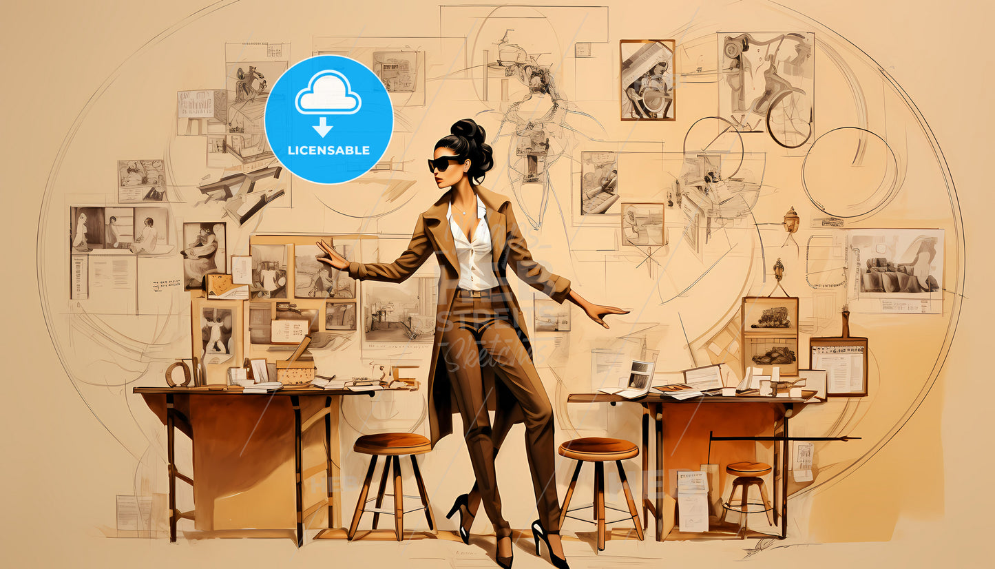 A Woman In A Suit Standing In Front Of A Desk