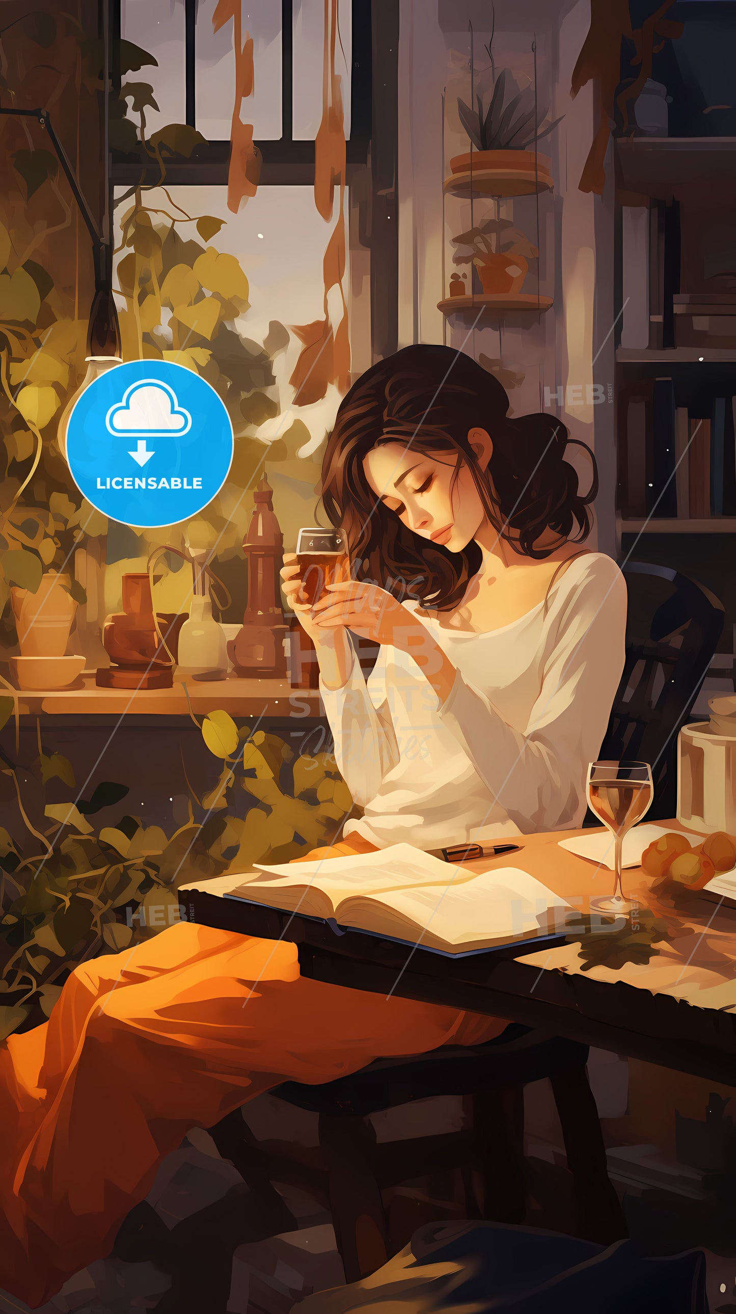 A Woman Sitting At A Table Reading A Book