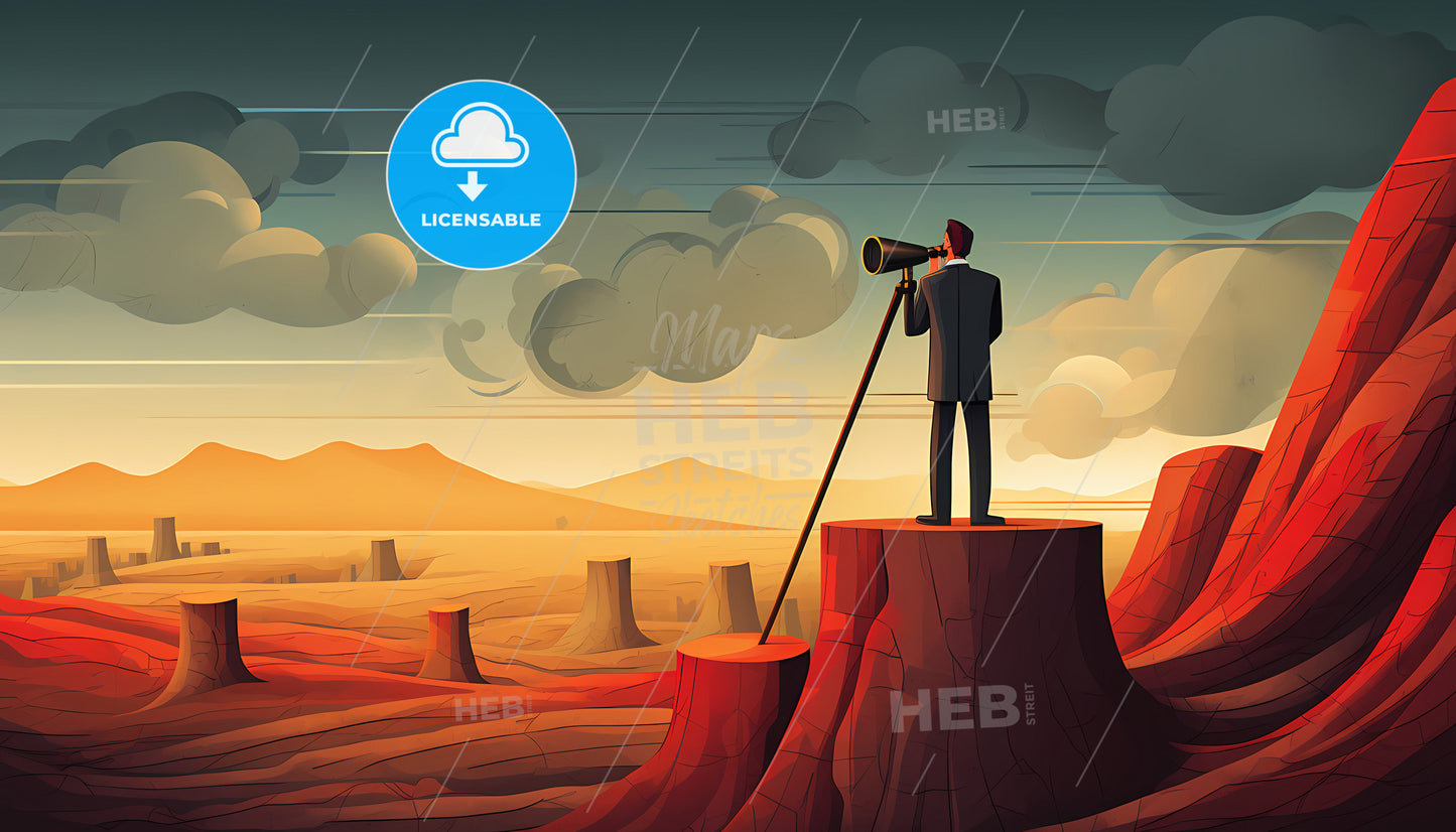 A Man Looking Through A Spyglass, A Man Looking Through A Telescope On A Stump