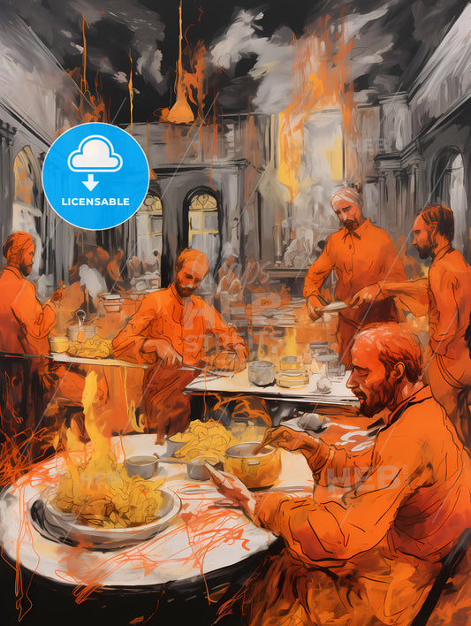 Tika Masala Food Drawing Sketchbook Art, A Group Of Men Eating In A Room With Fire