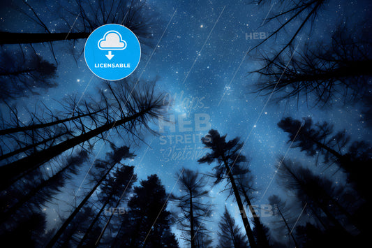 The Milkyway Is Blue, Looking Up View Of A Forest At Night With Stars In The Sky