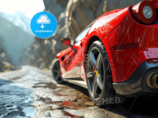 A Red Sports Car, A Red Sports Car On A Wet Road