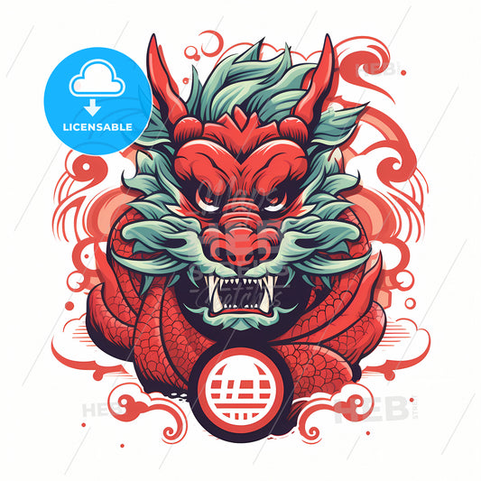 Dragon, A Red Dragon With White Hair And A Circle
