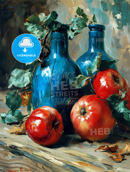 Impressionistic Still Life, A Painting Of Apples And Blue Bottles