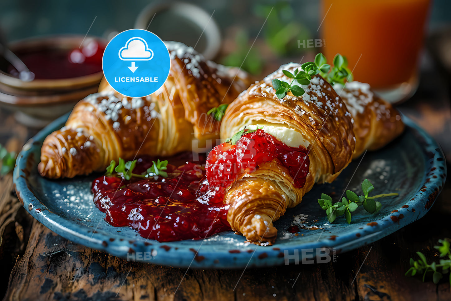 Fresh Croissant, A Plate Of Croissants With Jam And Mint