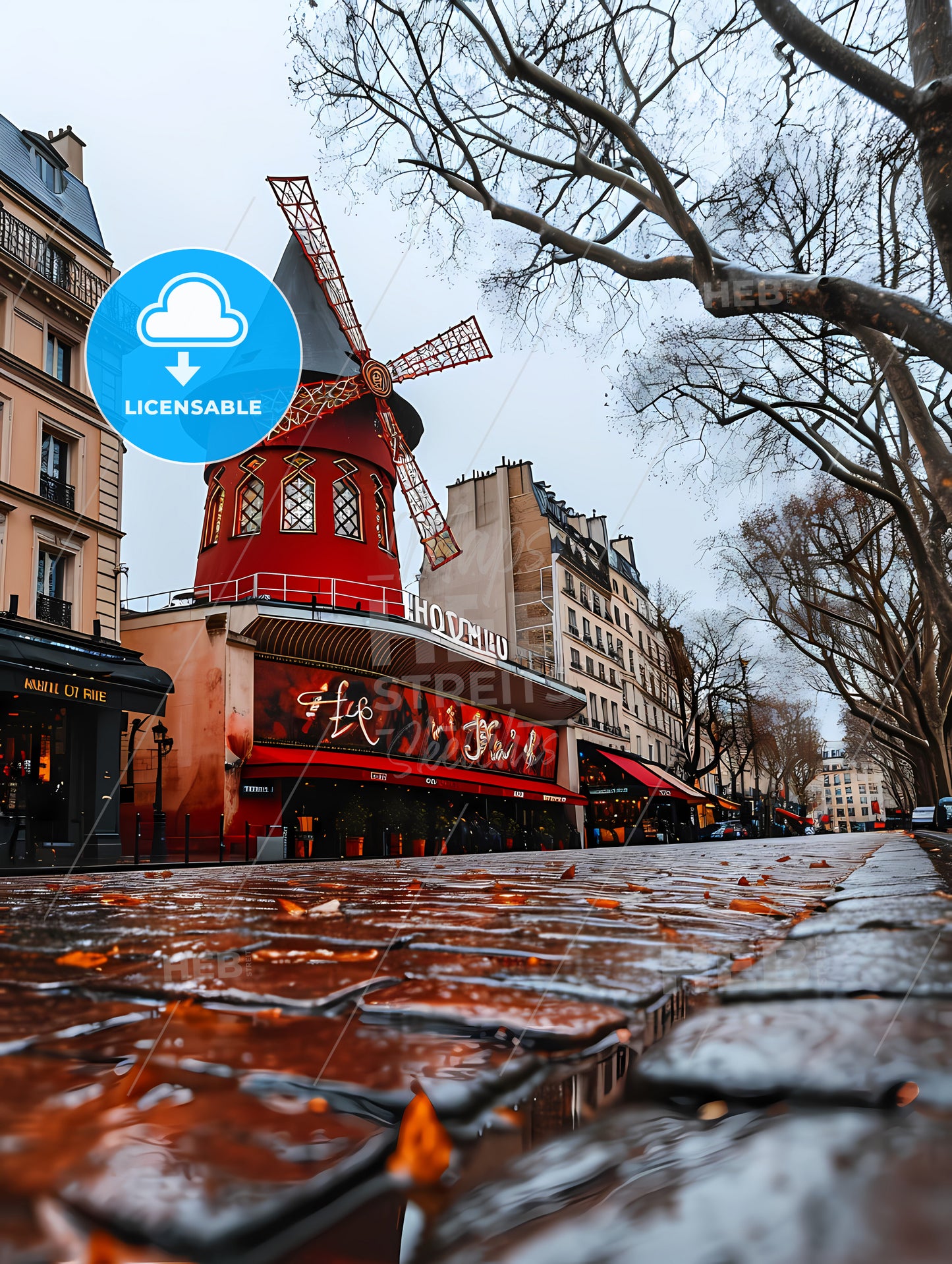 Une Lofi Girl Regardant, A Red Windmill On A Wet Sidewalk
