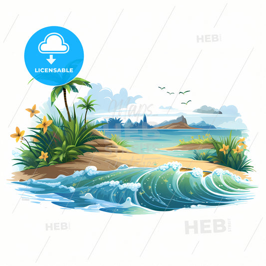 A Ocean View Illustration, A Beach With Palm Trees And Waves
