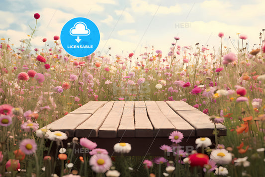 An Image Of An Empty Wooden Platform, A Wooden Table In A Field Of Flowers