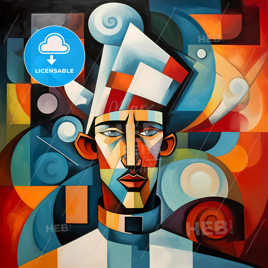 Analytical Cubism Portrait Of A Chef, A Painting Of A Man With Colorful Squares