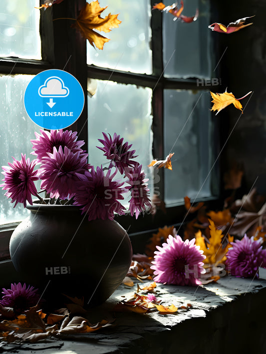 A Pot Of Purple Chrysanthemums By The Windowsill, A Vase With Purple Flowers And Leaves In Front Of A Window