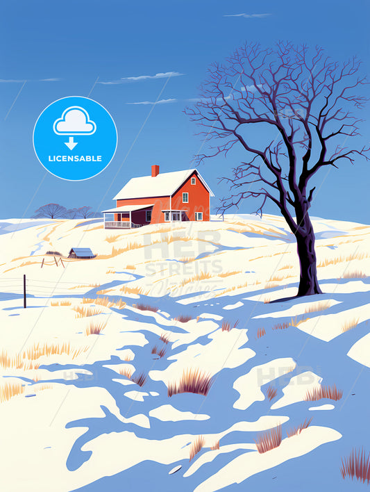 Prairie Farmhouse Buried In Snow, A House On A Snowy Hill