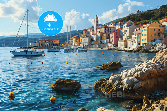 Pictorial Scene In Old Town Of Croatia, A Body Of Water With Boats And Buildings In The Background