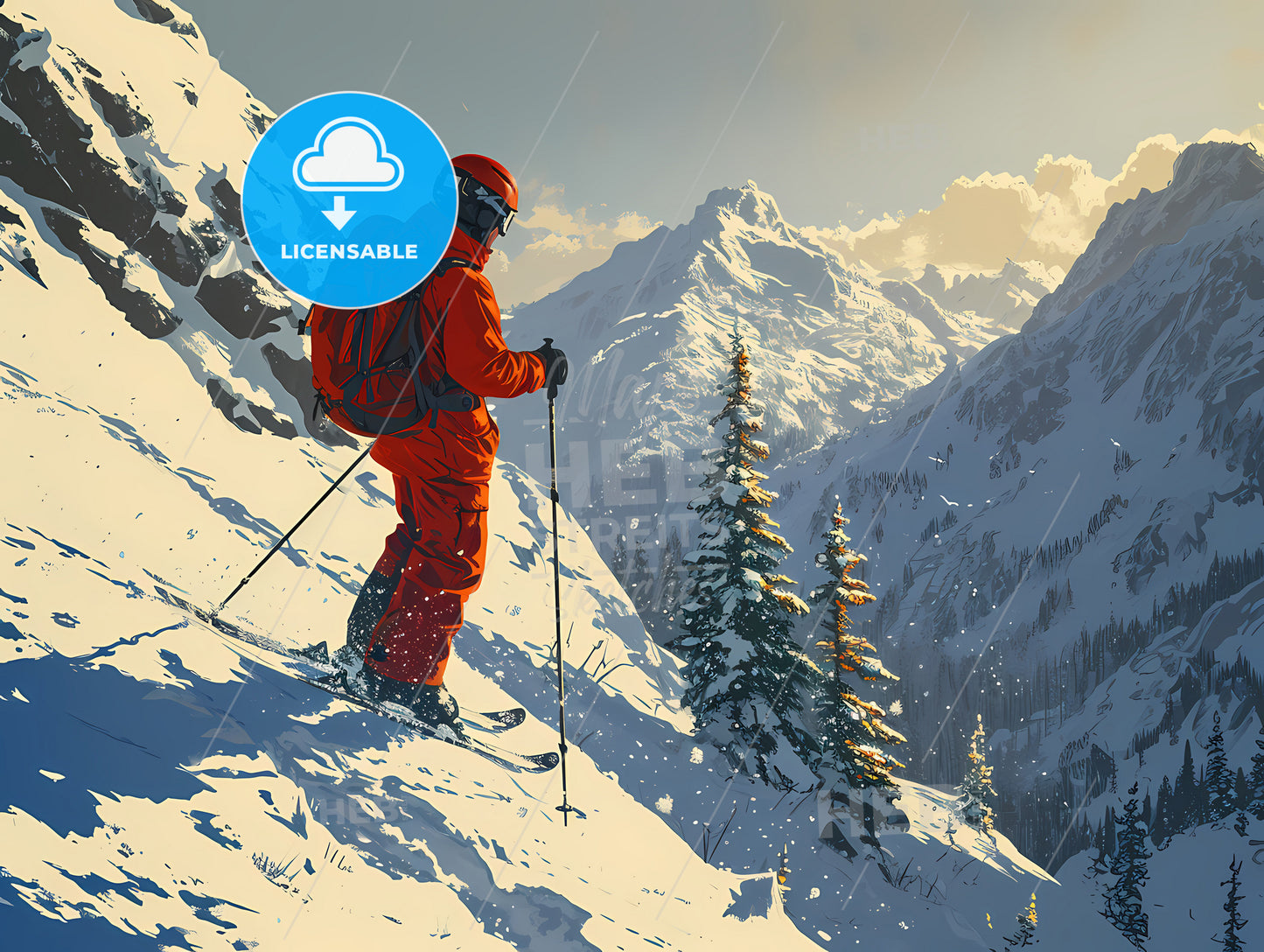 A Travel Poster With A Skier, A Person Skiing Down A Mountain