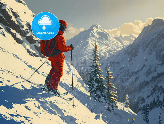 A Travel Poster With A Skier, A Person Skiing Down A Mountain