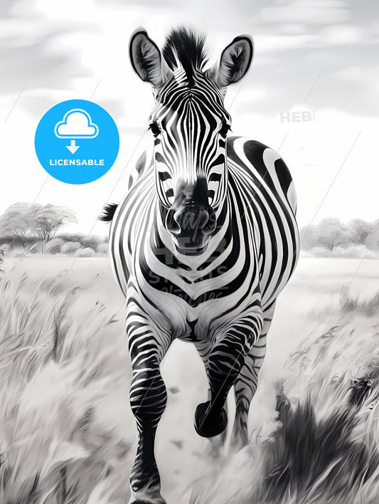 A Black And White Zebra Is Running, A Zebra Running Through Tall Grass