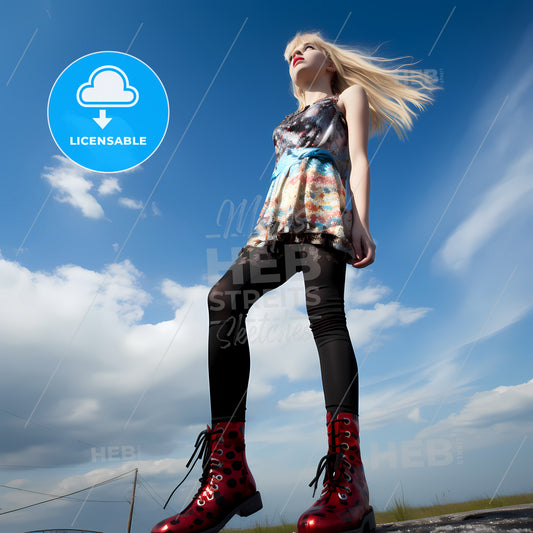 Young 15 Years Old Angry Blond Girl, A Woman In Red Boots