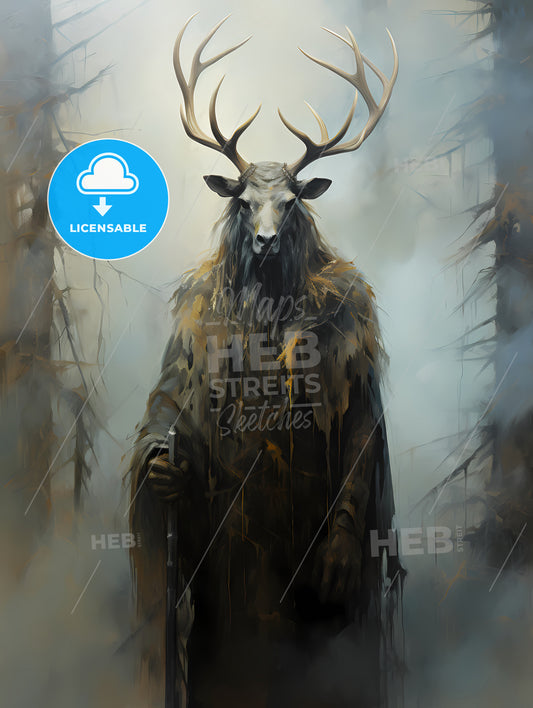 An Oil Painting Of A Black Elk In The Fog, A Painting Of A Deer With Antlers