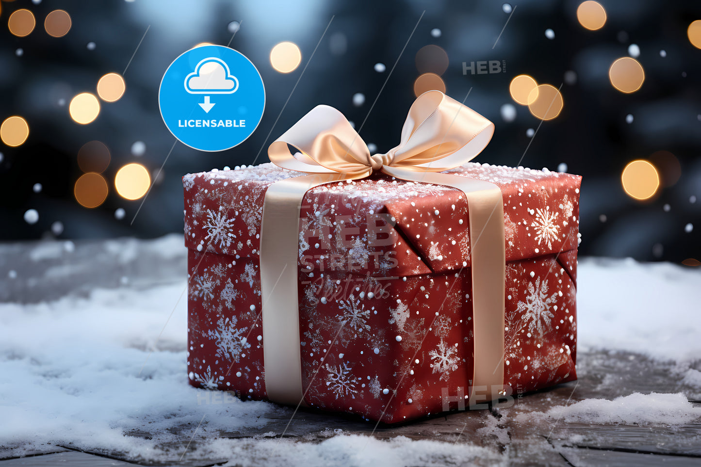 A Beautiful Red Christmas Present, A Red Gift Box With Gold Ribbon And Snowflakes