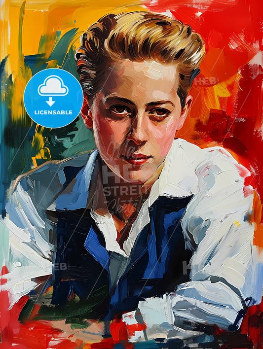 Phyllis Dietrichson Portrait With Colorful Background, A Painting Of A Boy