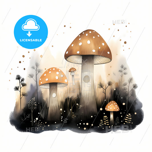 Magical Mushrooms And Fireflies, A Group Of Mushrooms In A Forest